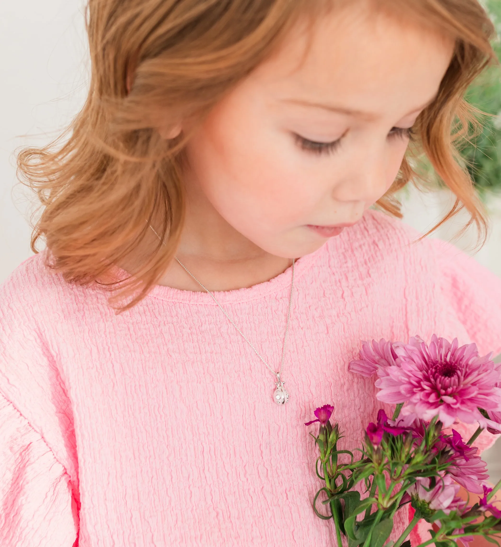 Children's Sterling Silver Pink Ladybug Necklace for Little Girls & Kids