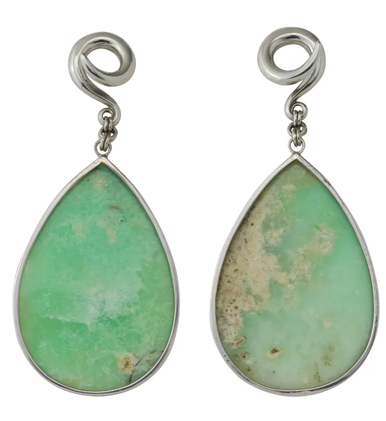Chrysoprase Stone Teardrop White Brass Ear Weights