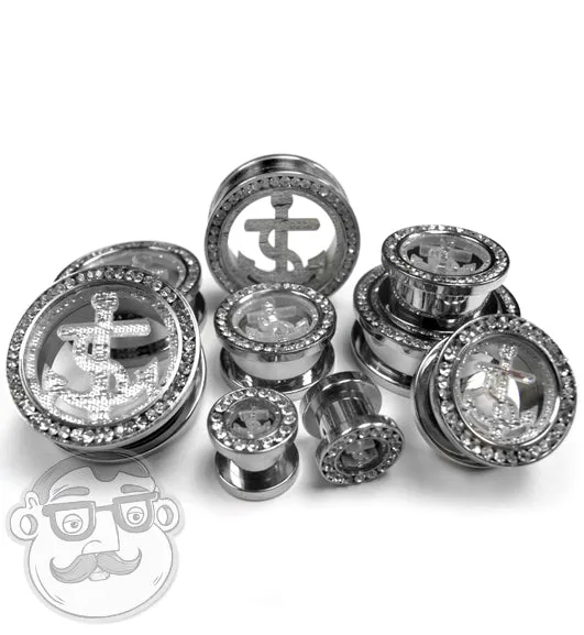Clear Anchor With CZ Diamond Rim Tunnel Plugs