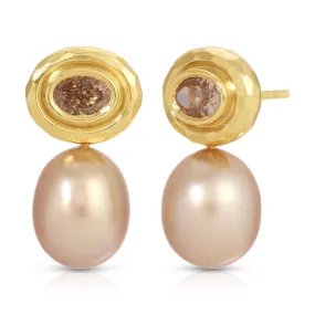 Double Orbit Golden Pearl & Diamond Earring