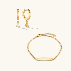 Engraved Bracelet & Crystal Drop Hoop Earrings Set Gold
