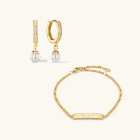 Engraved Bracelet & Crystal Pearl Hoop Earrings Set Gold