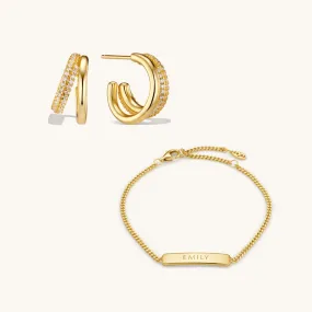 Engraved Bracelet & Duo Layered Hoops Set Gold