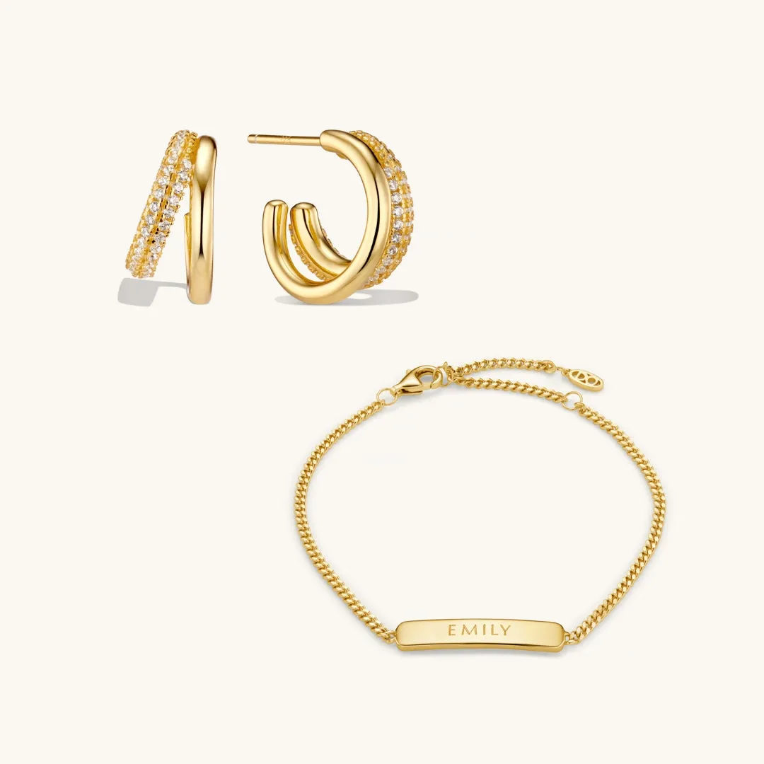 Engraved Bracelet & Duo Layered Hoops Set Gold