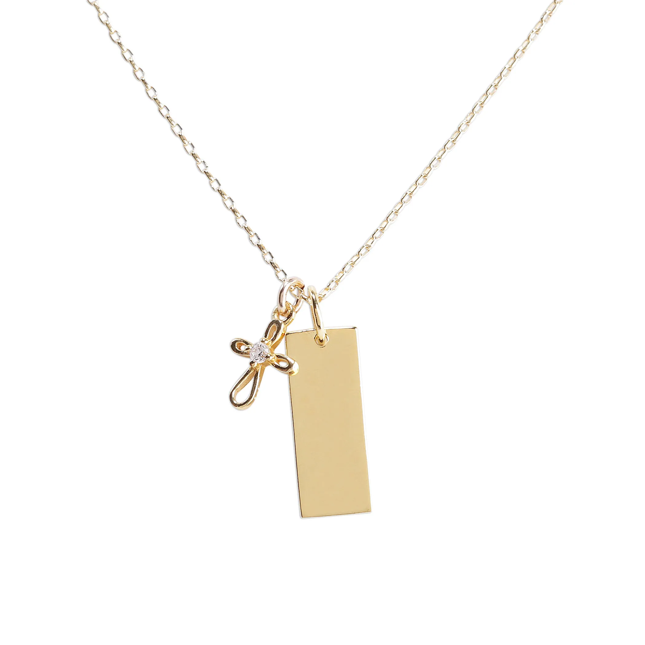 Girls Gold-Plated Bar Necklace with Cross - Engraveable