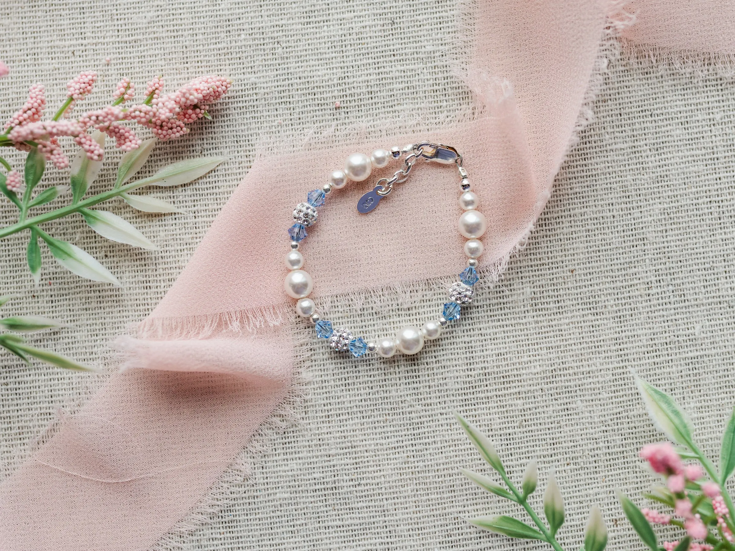 Girls Sterling Silver Simulated Pearl and Blue Crystal Kids Bracelet