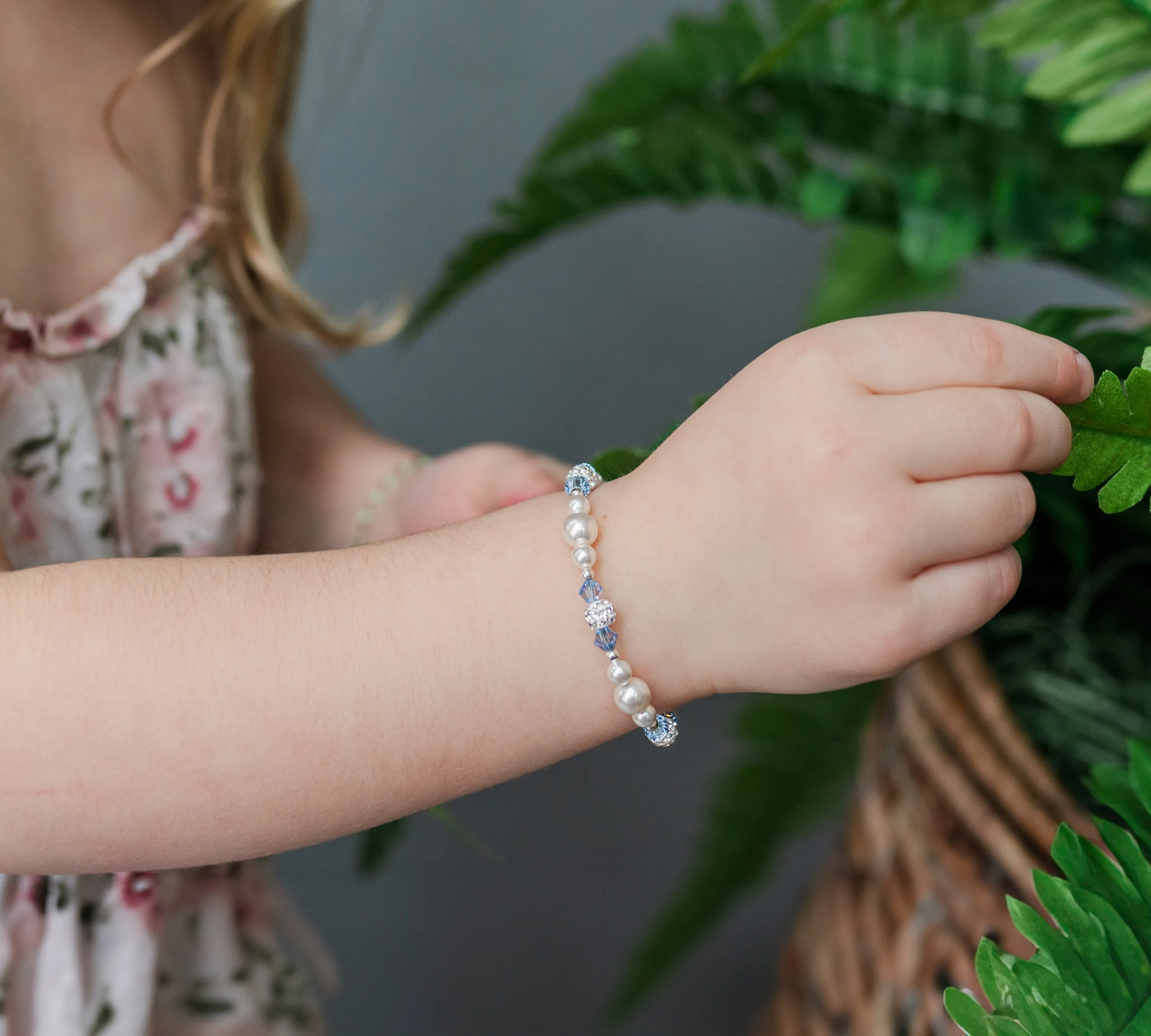 Girls Sterling Silver Simulated Pearl and Blue Crystal Kids Bracelet