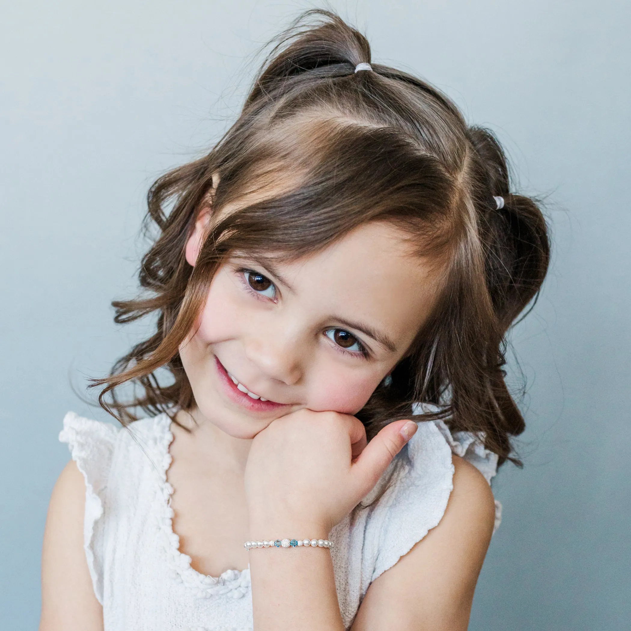 Girls Sterling Silver Simulated Pearl Baby Bracelet with Aqua Crystals Jewelry for Kids
