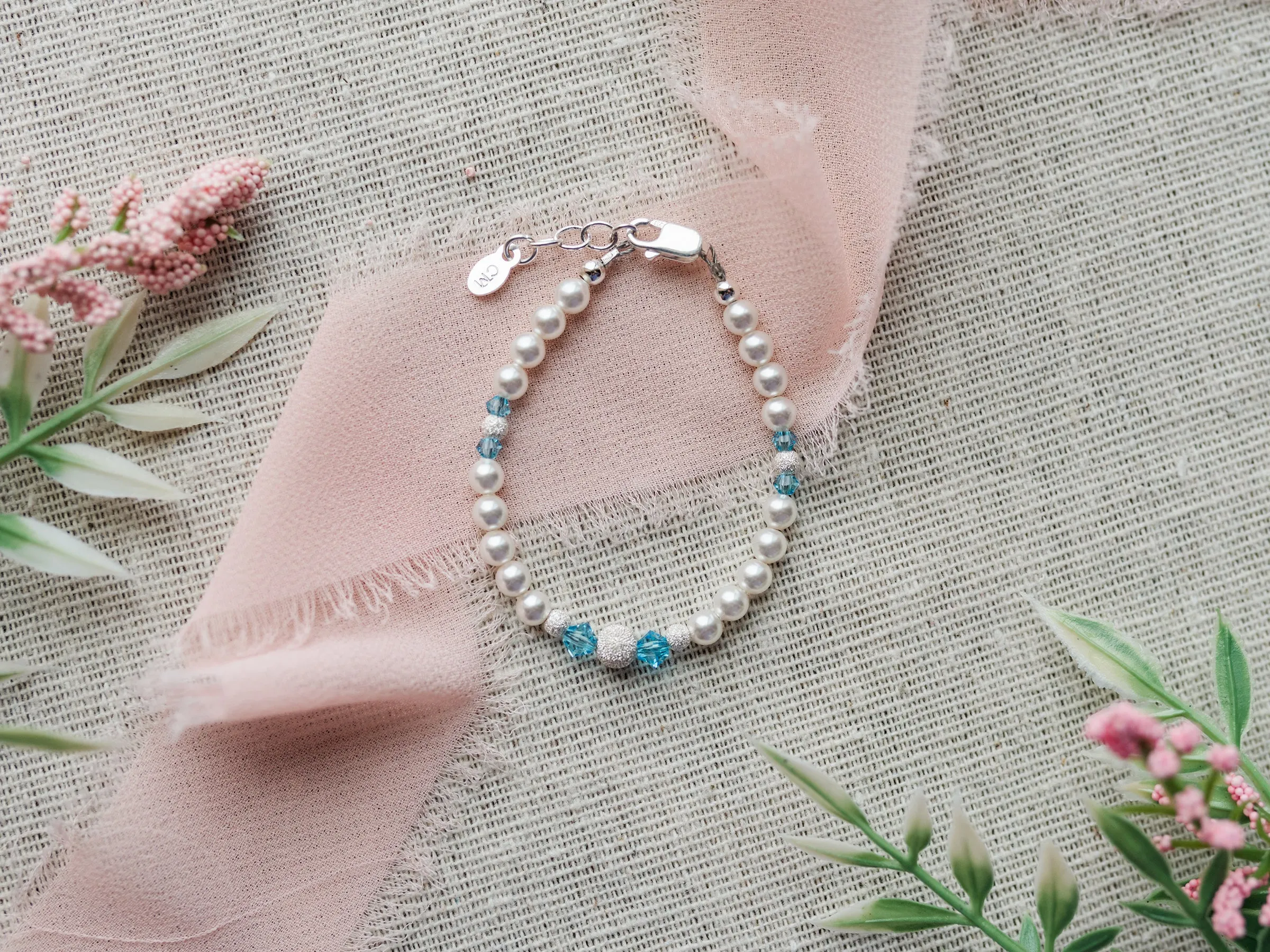 Girls Sterling Silver Simulated Pearl Baby Bracelet with Aqua Crystals Jewelry for Kids