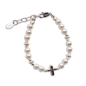 Girls Sterling Silver  Simulated Pearl with Cross Bracelet for Baptism or First Communion