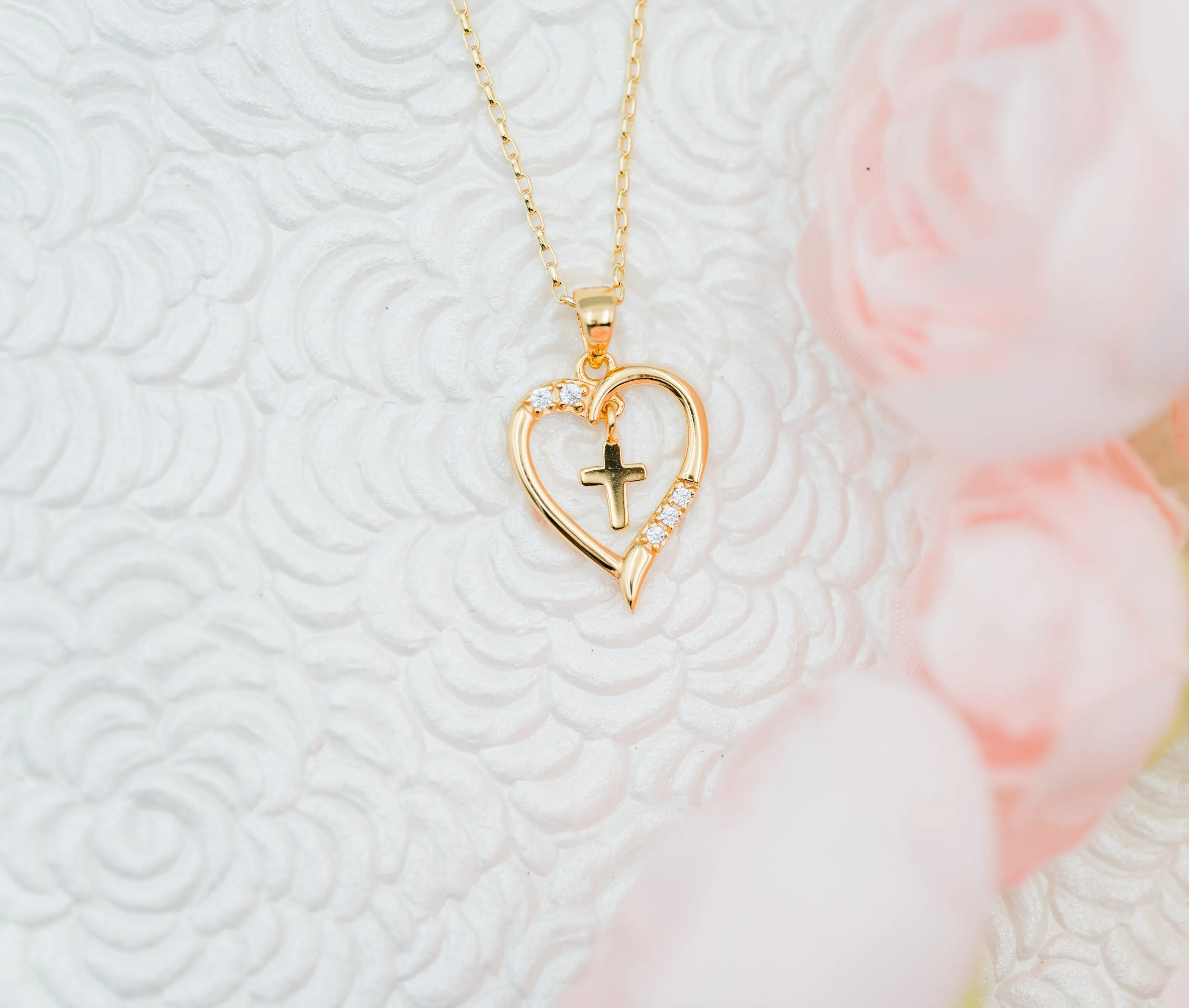 Gold-Plated Children's Dancing Cross Heart Necklace