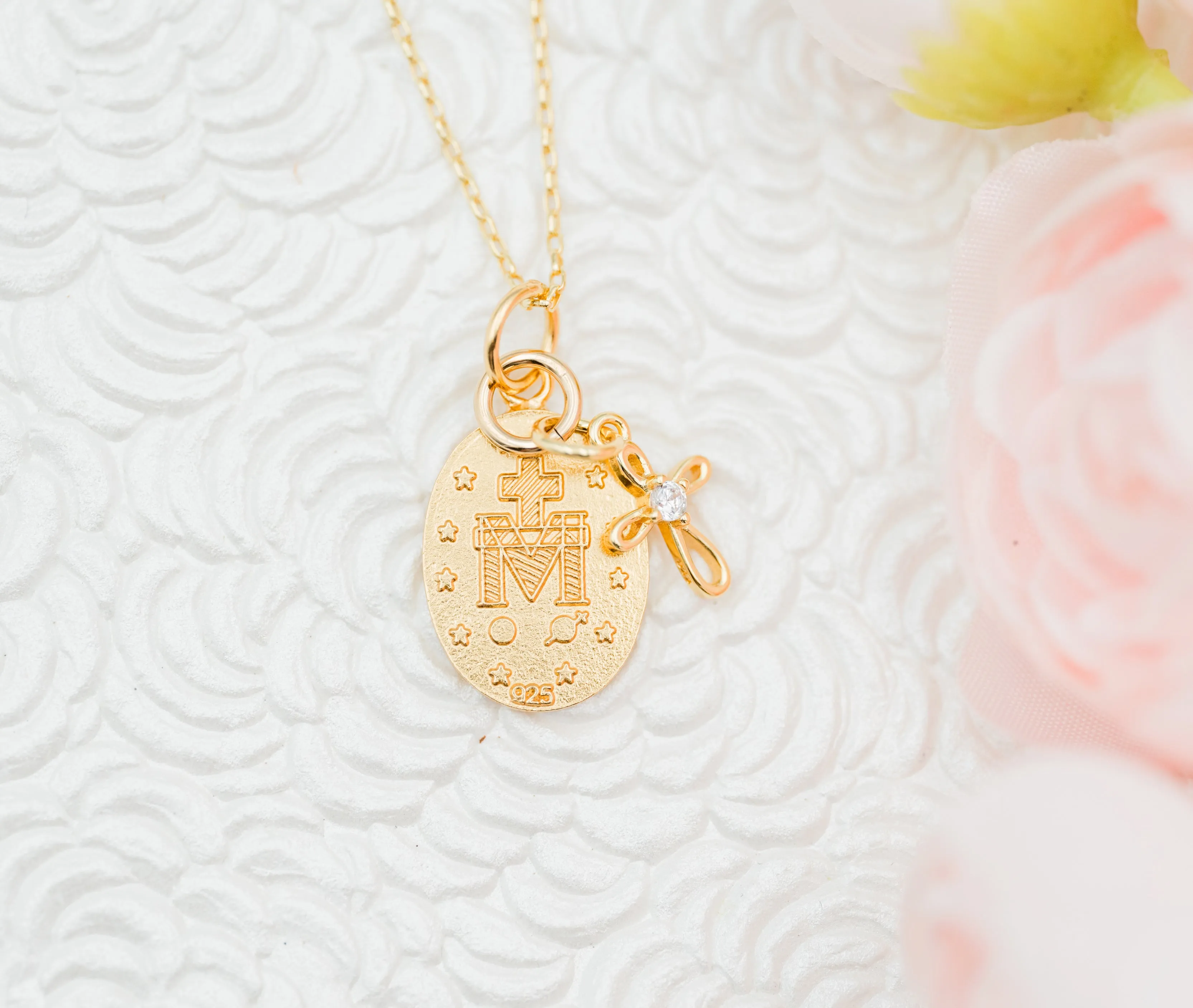 Gold-Plated Miraculous Medal with Cross Necklace for First Communion