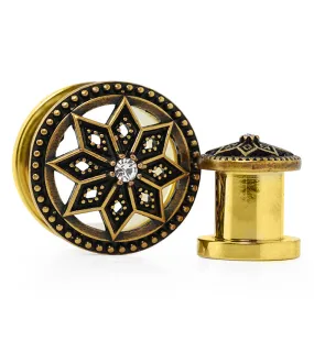 Gold PVD Relic Flower CZ Stainless Steel Tunnel Plugs