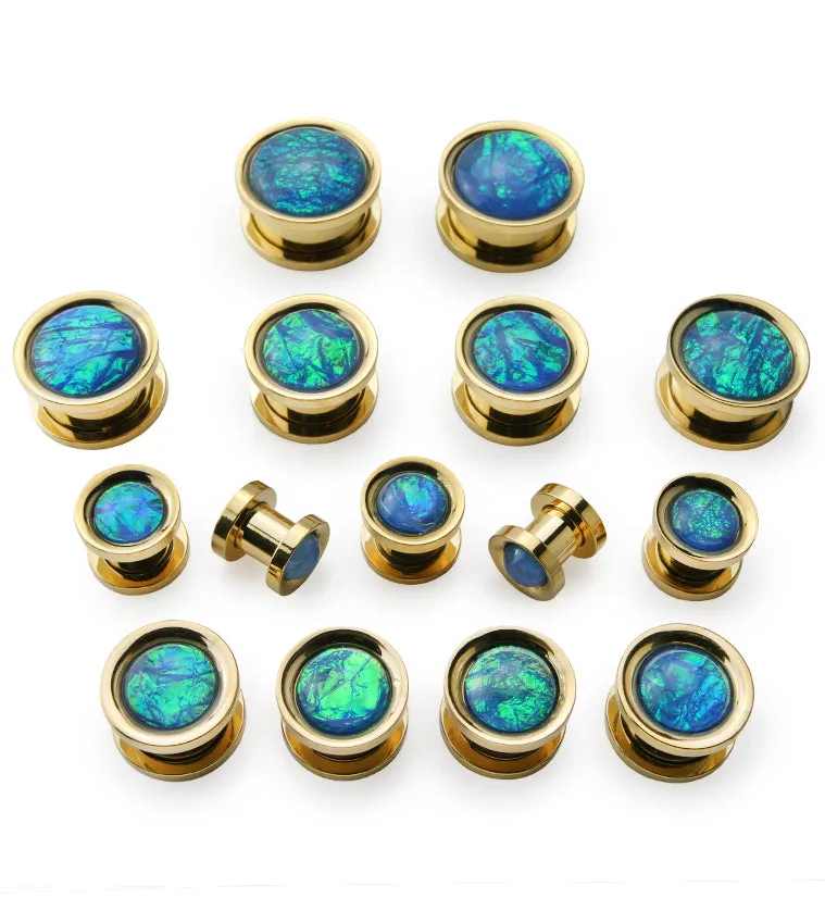 Gold PVD Stainless Steel Blue Opalite Plugs