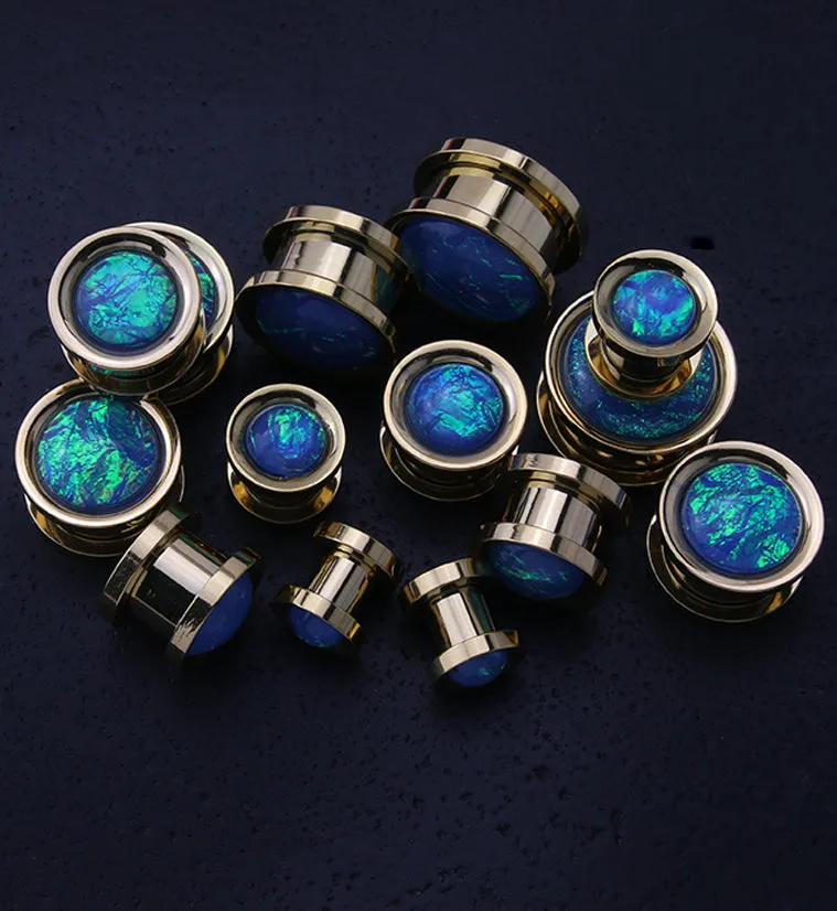 Gold PVD Stainless Steel Blue Opalite Plugs