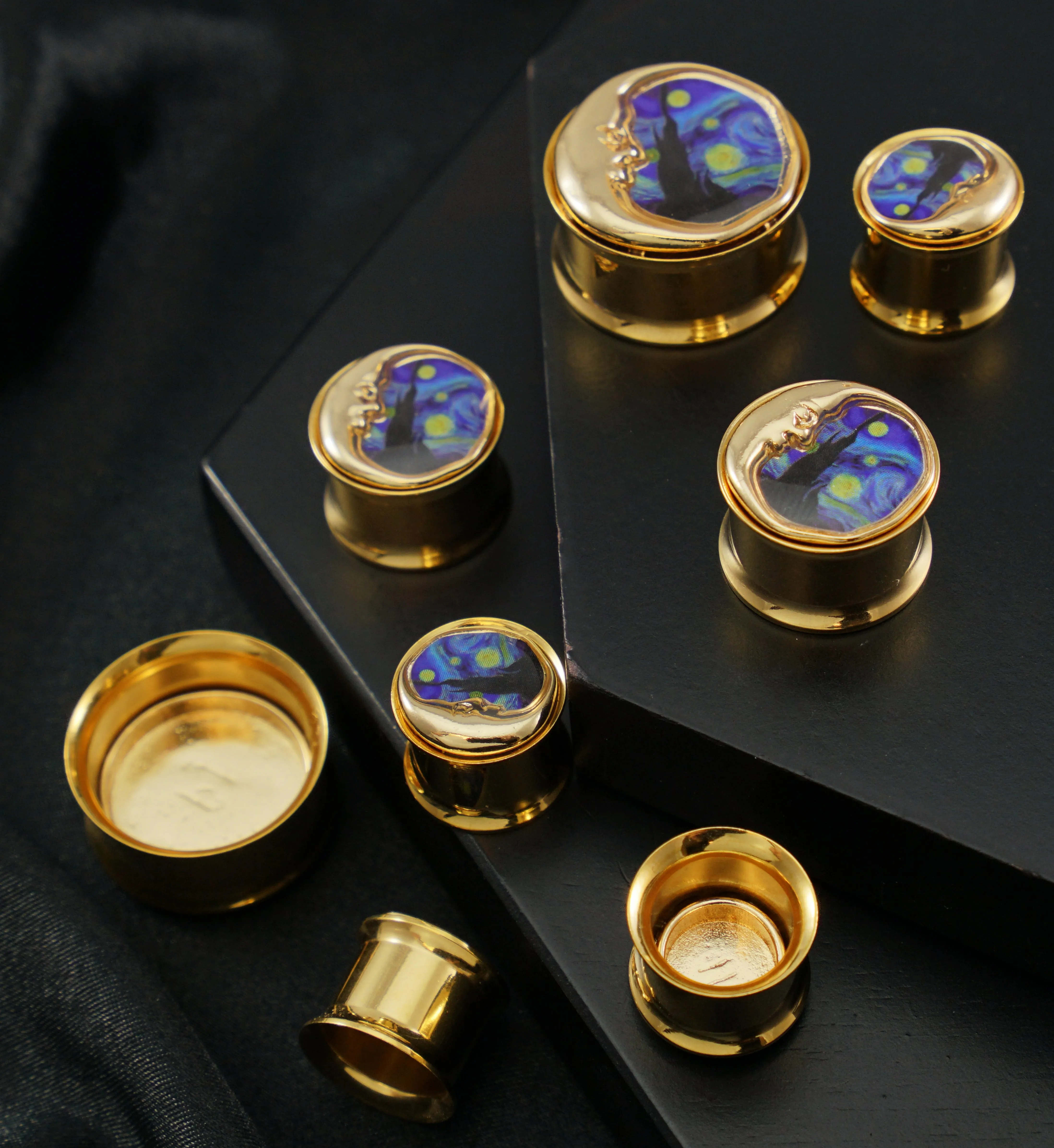 Gold PVD Starry Night Crescent Moon Stainless Steel Plugs