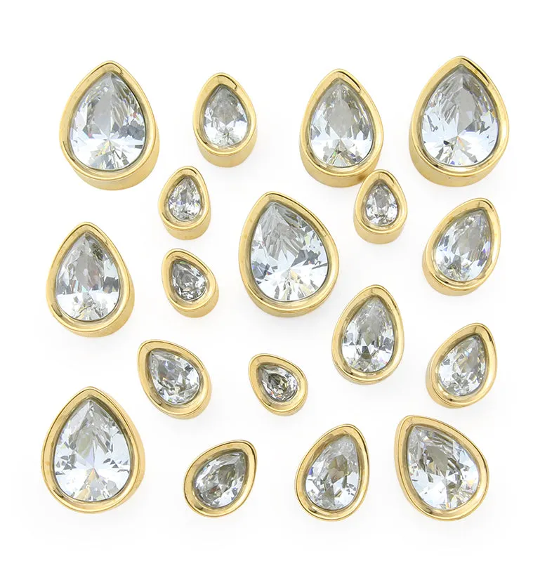 Gold PVD Teardrop Clear CZ Stainless Steel Tunnels