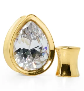 Gold PVD Teardrop Clear CZ Stainless Steel Tunnels