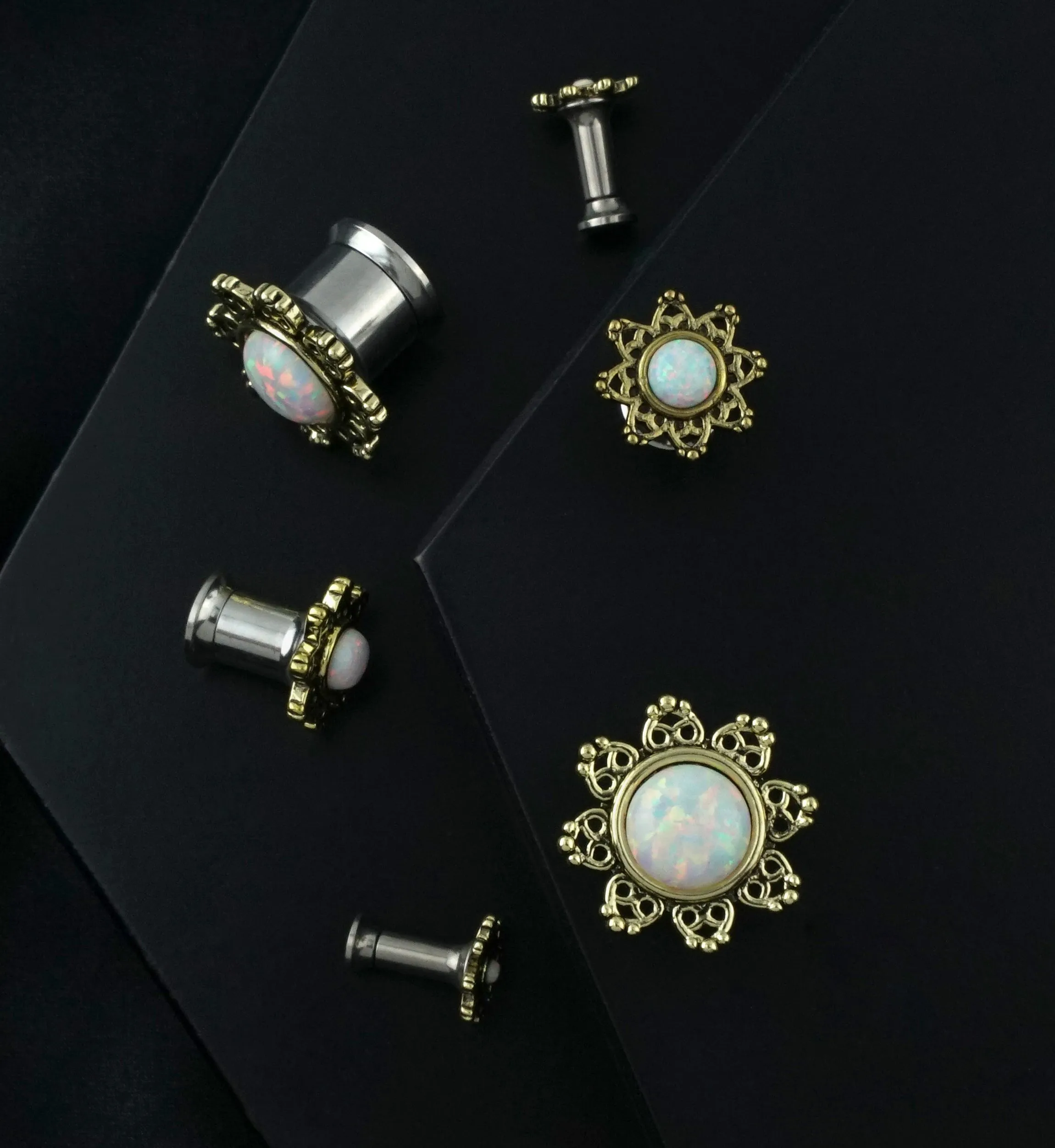 Golden Lotus With Opalite Dome Stainless Steel Plugs