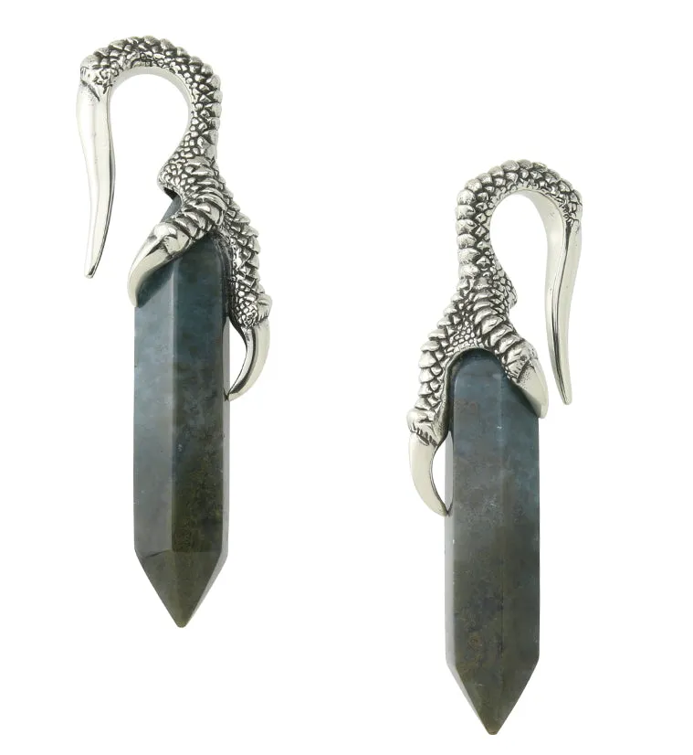 Green Moss Agate Raven Claw White Brass Ear Weights