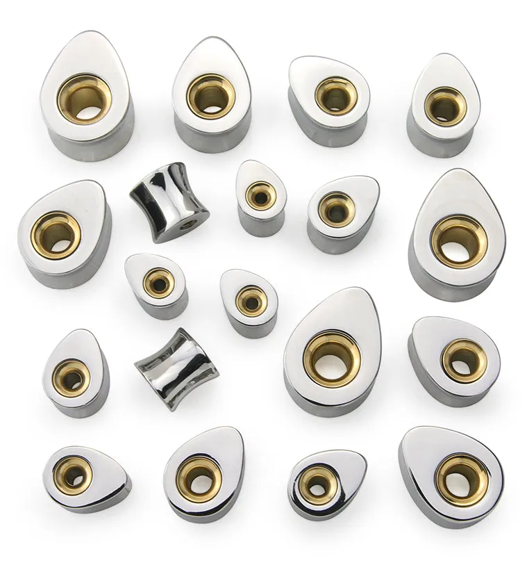 Hollow Golden Tunnel Stainless Steel Teardrop Plugs