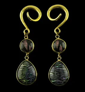 Jazzy Double Teardrop Dichroic Glass Brass Ear Weights