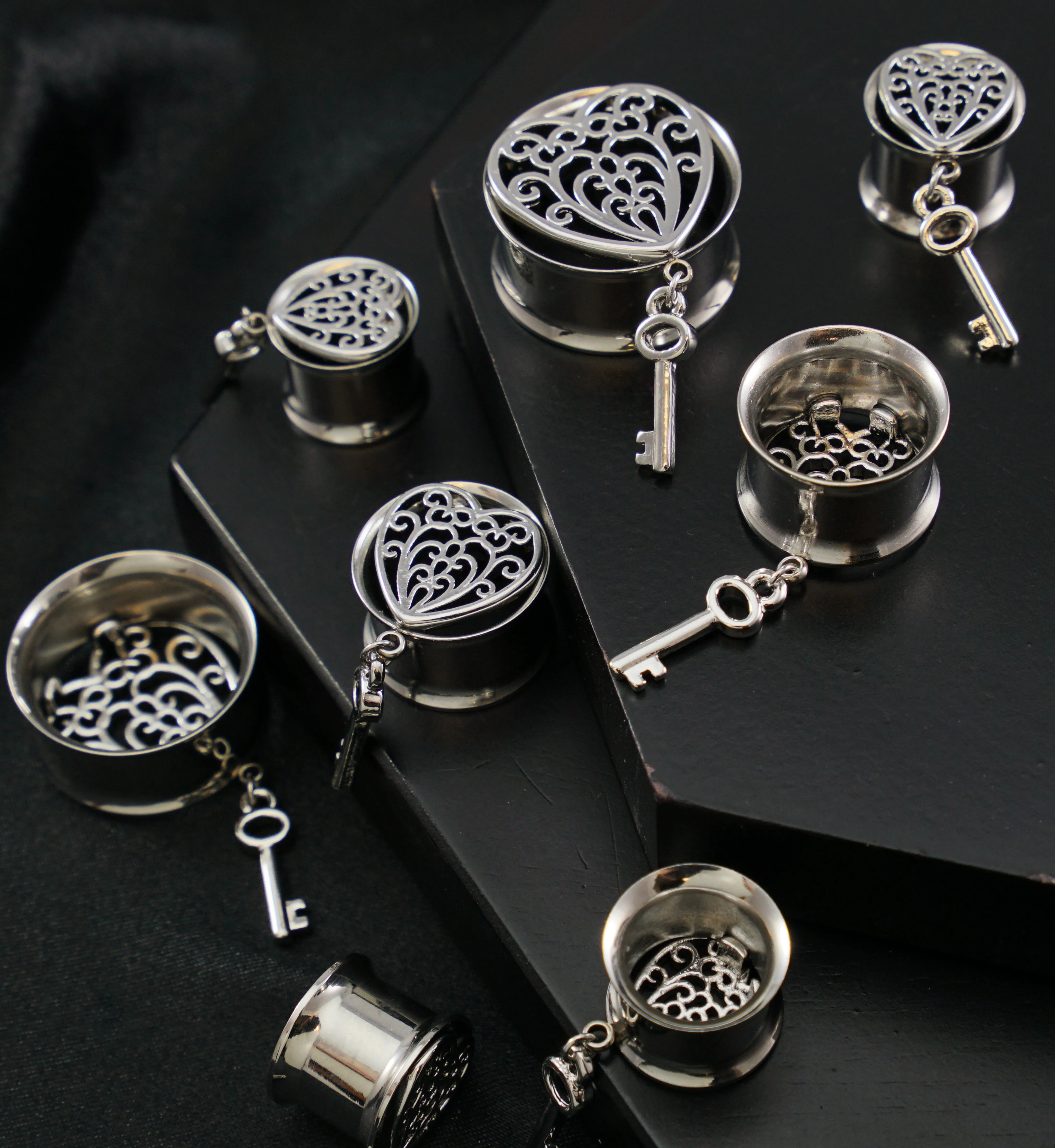 Key To My Heart Dangle Stainless Steel Double Flare Tunnels