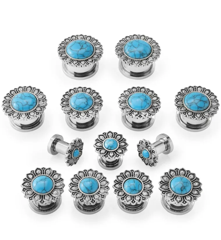 Lotus Flower Howlite Turquoise Stainless Steel Tunnel Plugs
