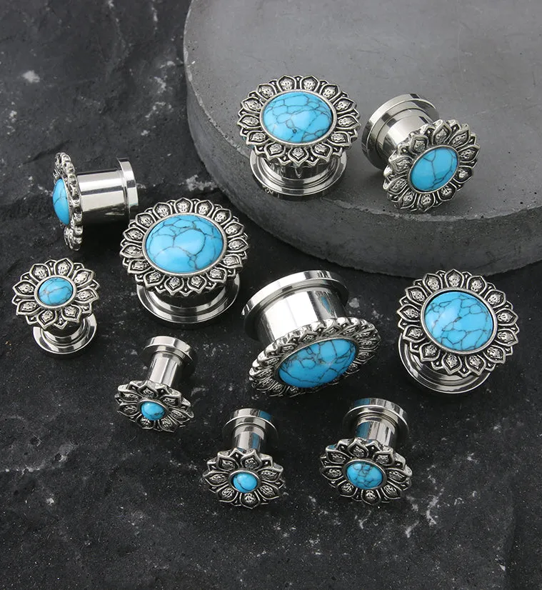 Lotus Flower Howlite Turquoise Stainless Steel Tunnel Plugs