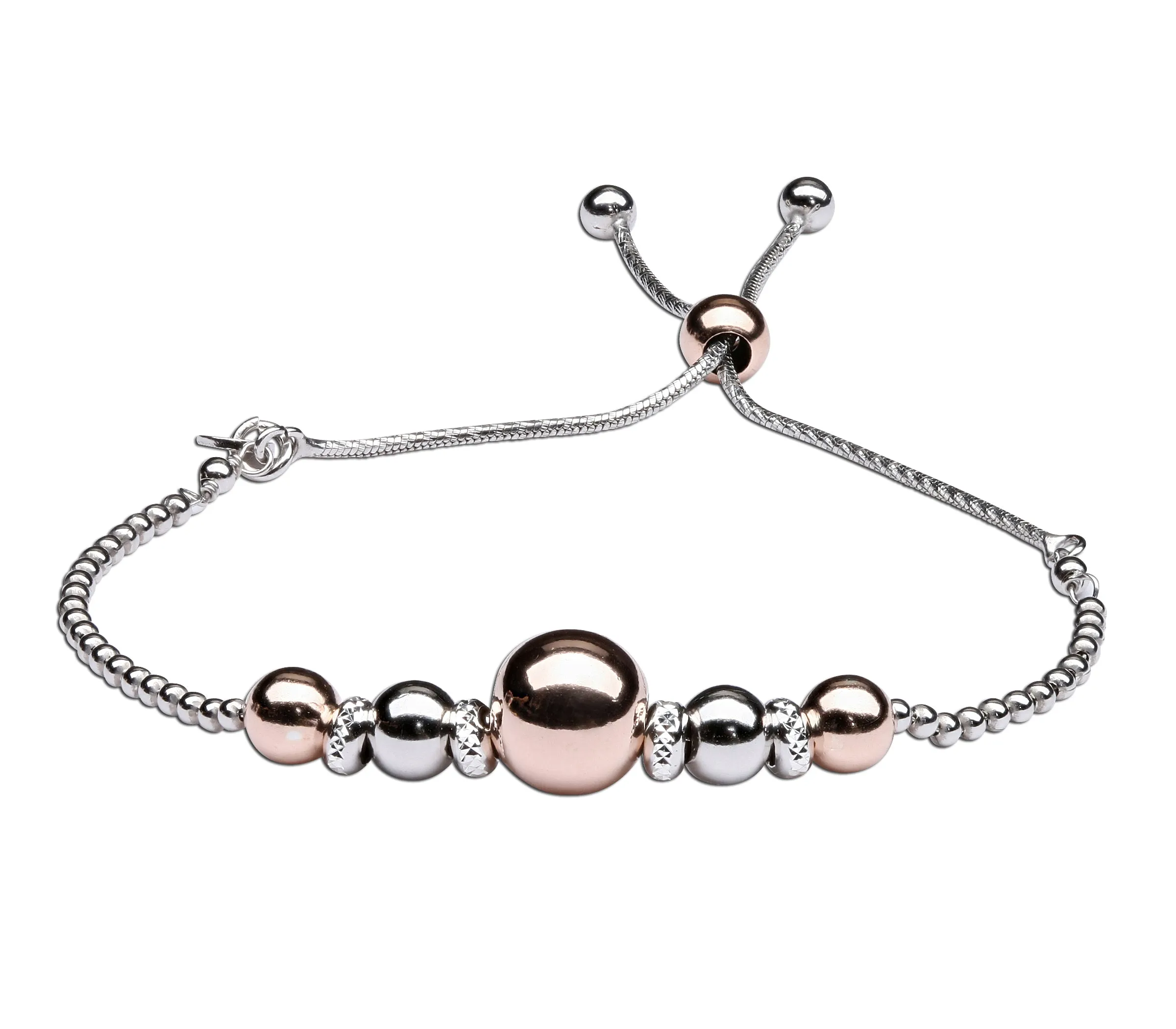 Luxury Bolo Bracelet Sterling Silver with Rose-Gold, Adjustable Slide Closure