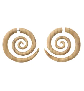 Olive Wood Fake Gauge Spiral Earrings