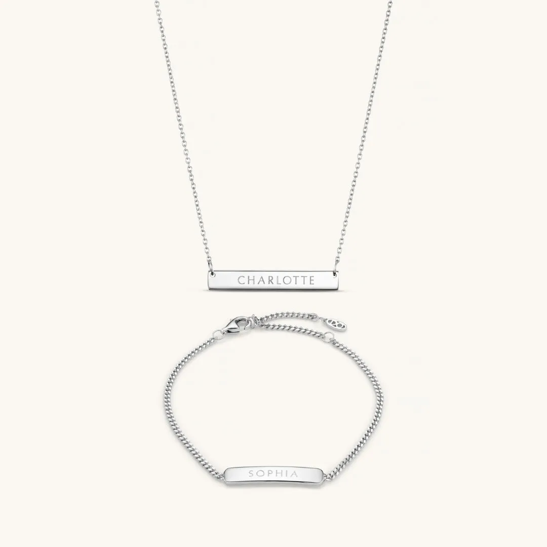 Personalised Matching Set 3cm Precious Letter Bar & Engraved Bracelet in Silver