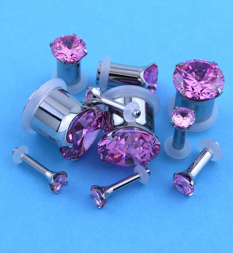Pink CZ Stainless Steel Single Flare Plugs