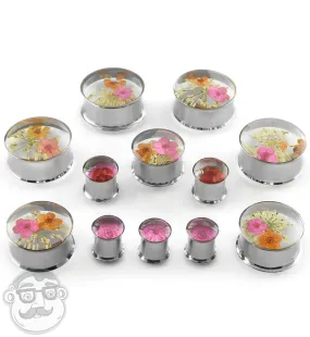 Pink Preserved Flower Stainless Steel Plugs