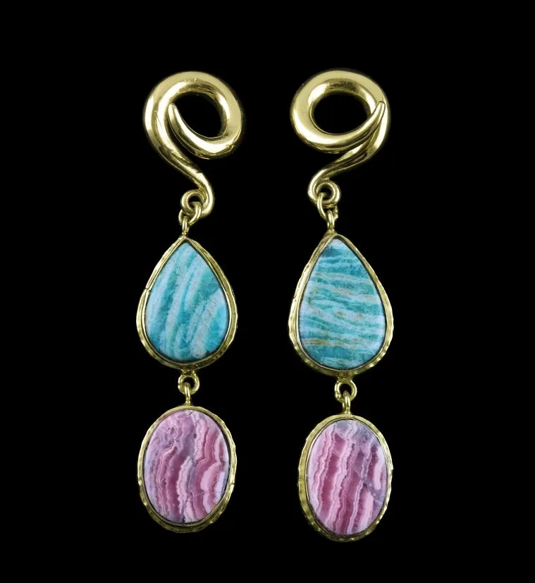 Rhodochrosite X Amazonite Stone Brass Ear Weights Version 3