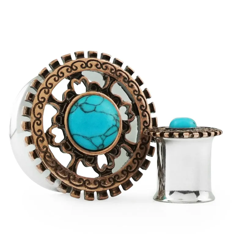 Rose Gold Lineal Top With Turquoise Inlay Steel Plugs