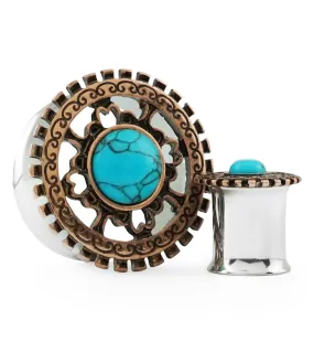 Rose Gold Lineal Top With Turquoise Inlay Steel Plugs