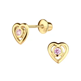 SALE! 14K Gold-Plated Girls Heart CZ Earrings (Pink)