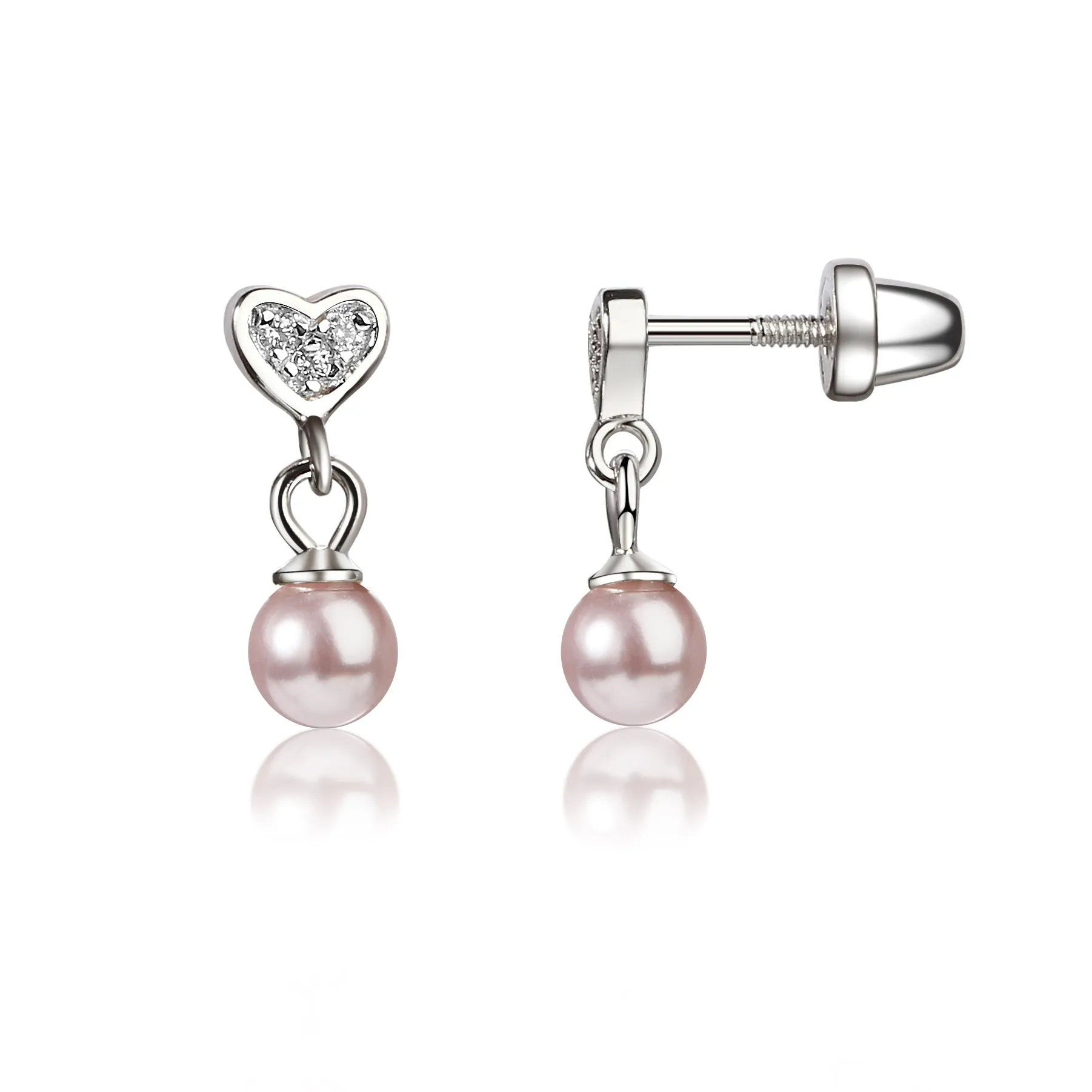 SALE! Sterling Silver Children's Heart w/Dangling Pink Pearl Earrings