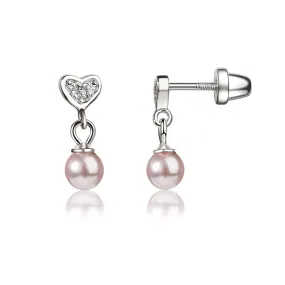 SALE! Sterling Silver Children's Heart w/Dangling Pink Pearl Earrings