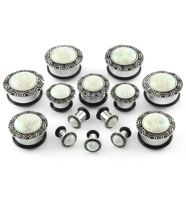Silver Frame Opalite Flash Dome Steel Plugs