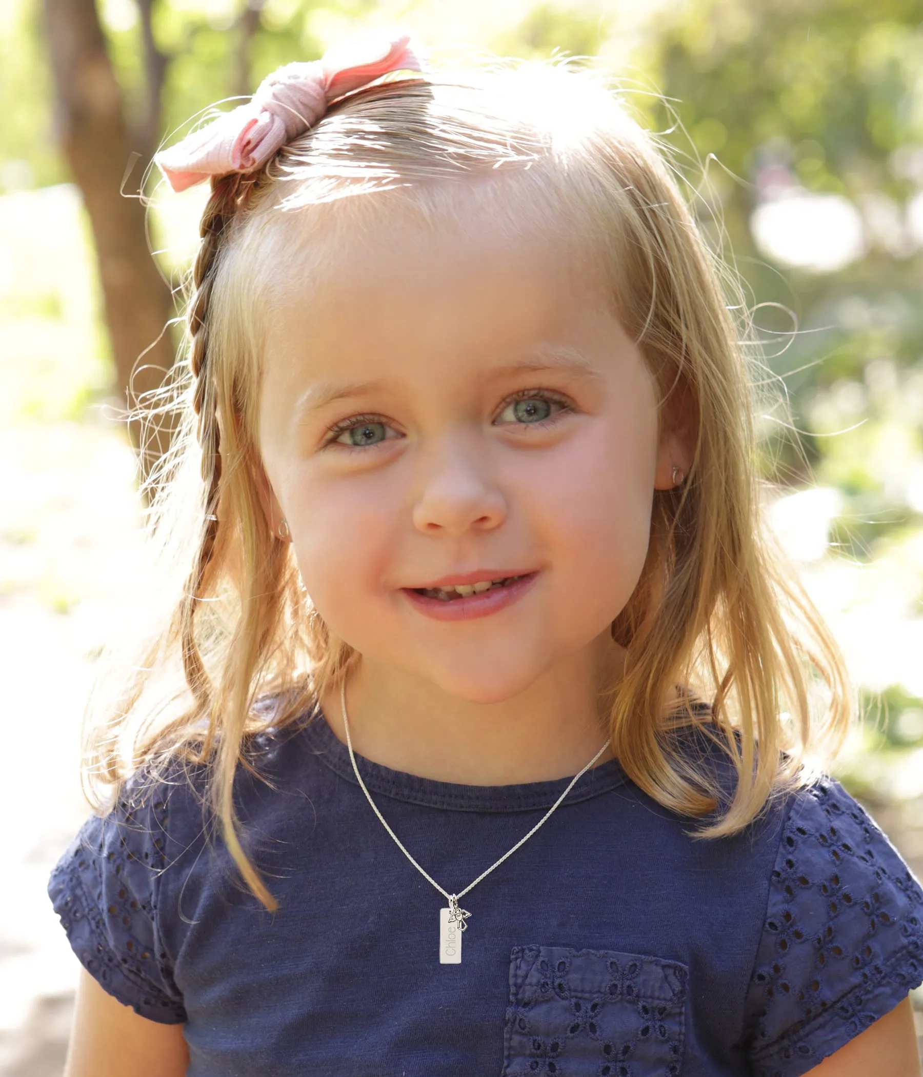 Sterling Silver Bar Necklace with Angel Charm for Kids