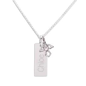 Sterling Silver Bar Necklace with Angel Charm for Kids