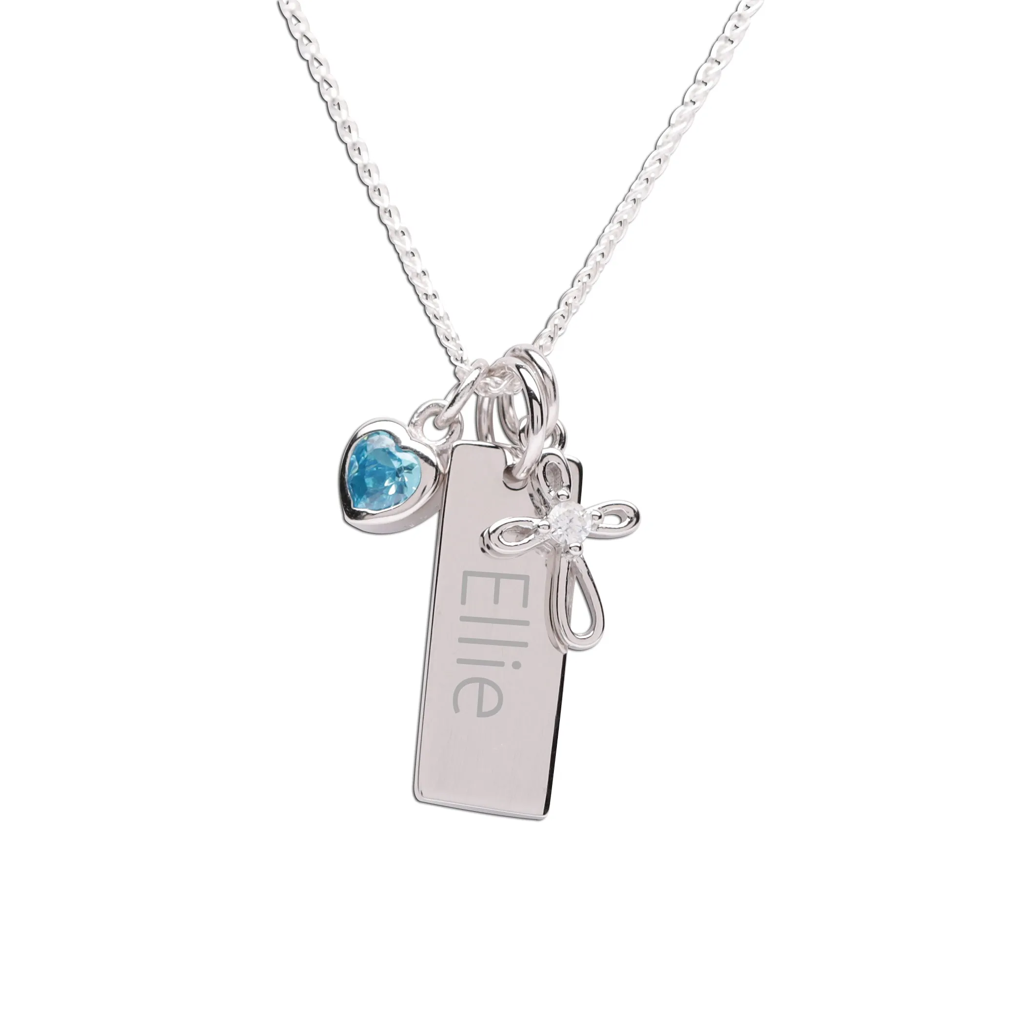 Sterling Silver Bar Necklace with Cross and CZ Birthstone Heart for Kids