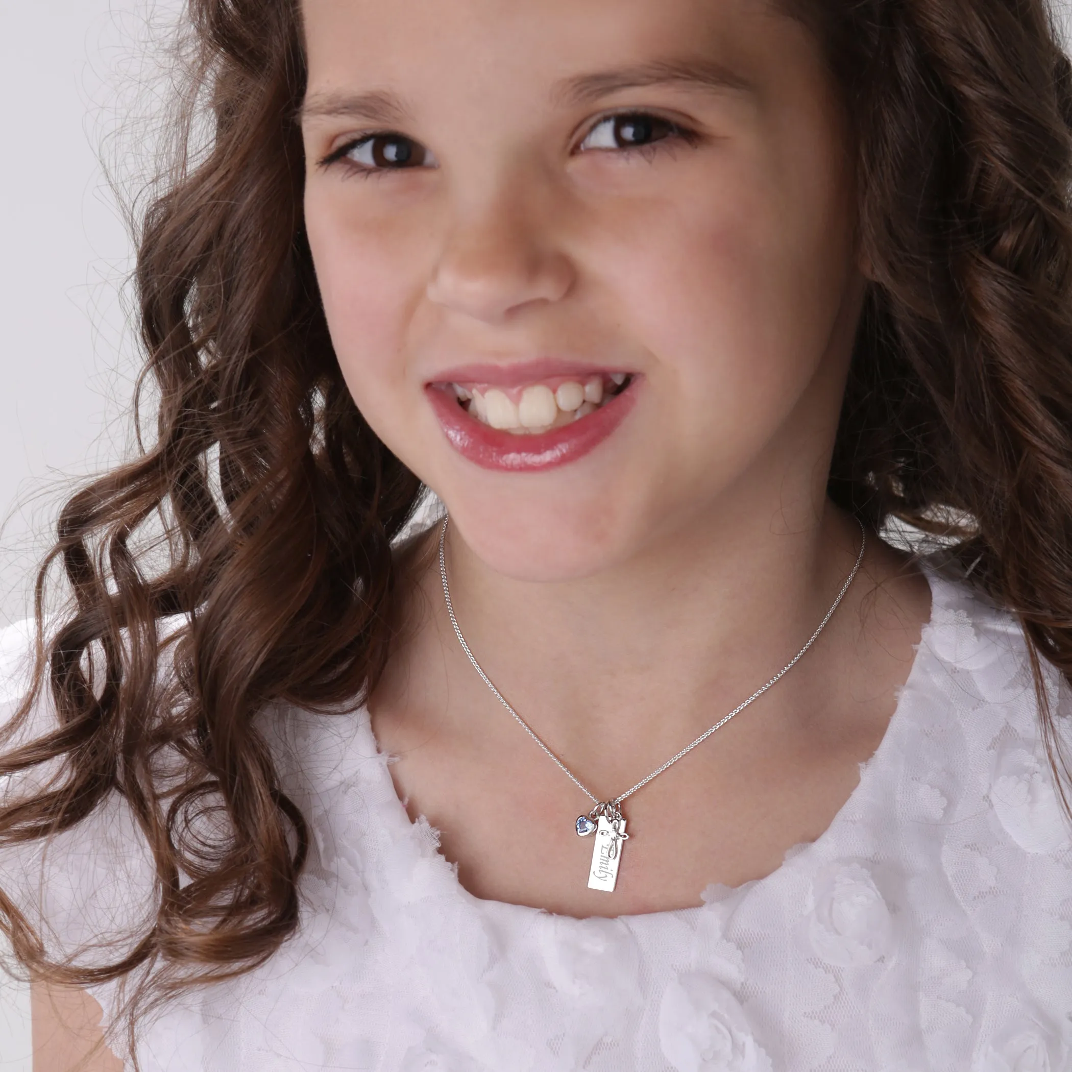 Sterling Silver Bar Necklace with Cross and CZ Birthstone Heart for Kids