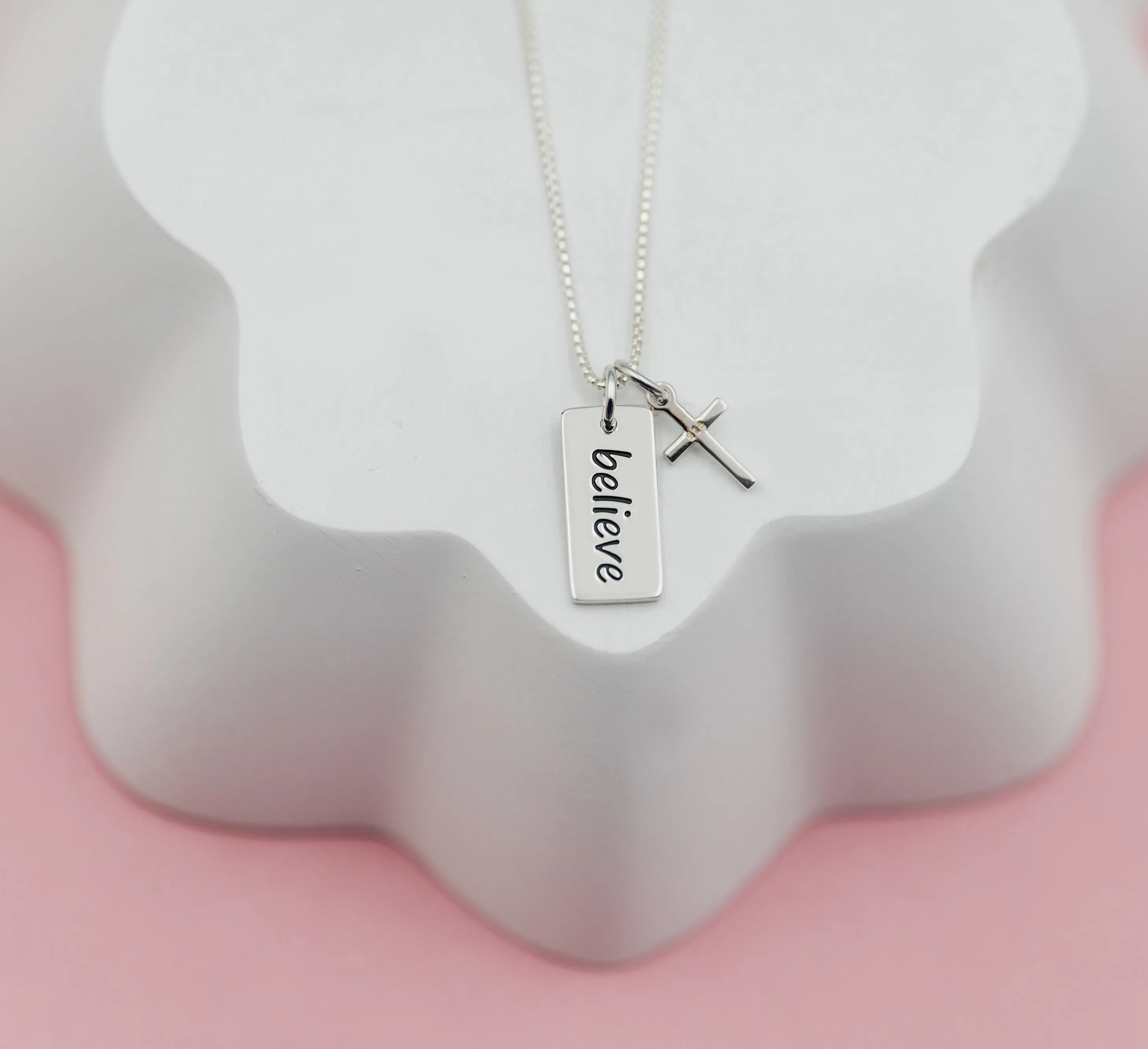 Sterling Silver Believe Cross Necklace for Baptism or Communion