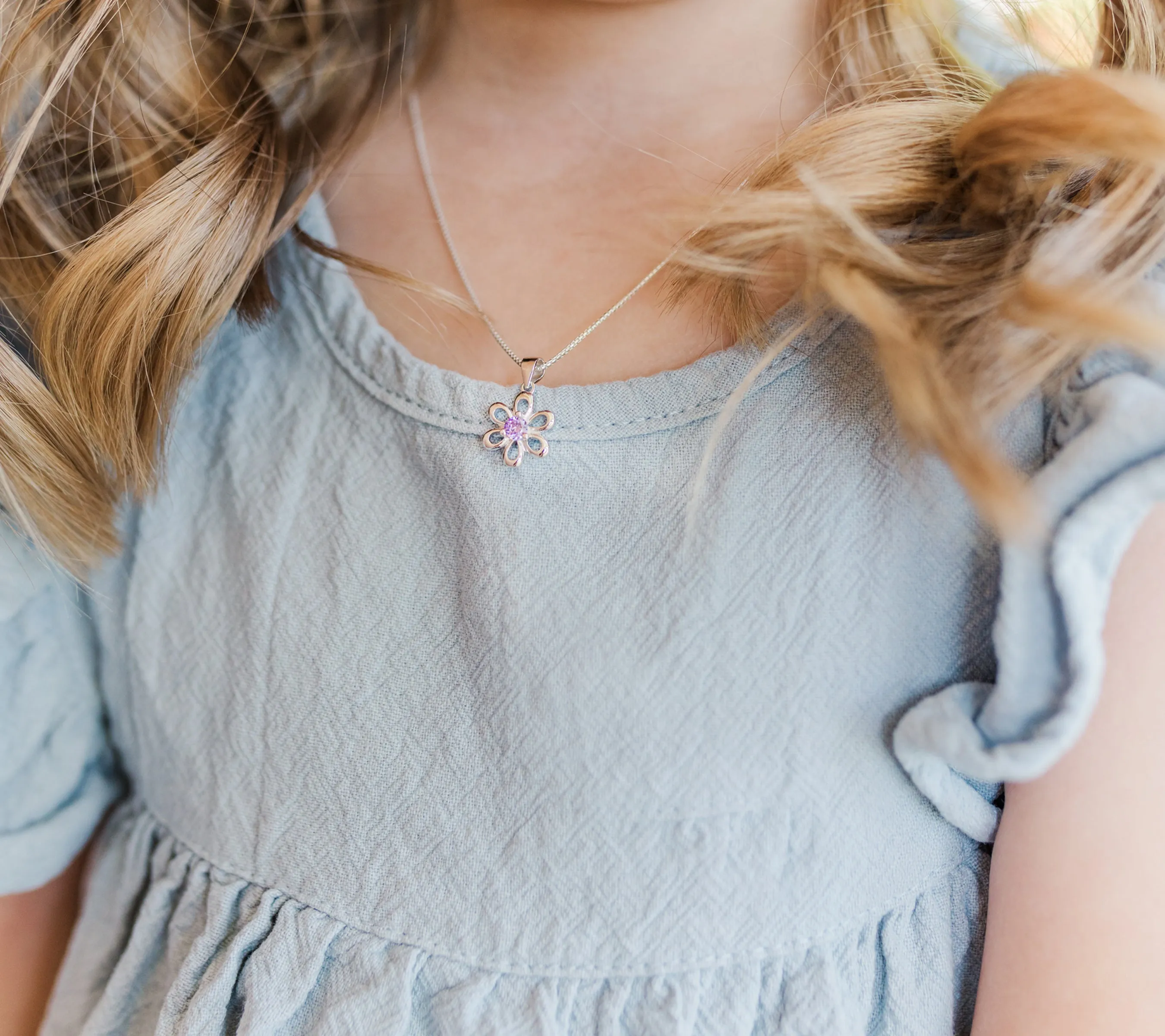 Sterling Silver Birthstone Daisy Flower Necklace for Little Girls