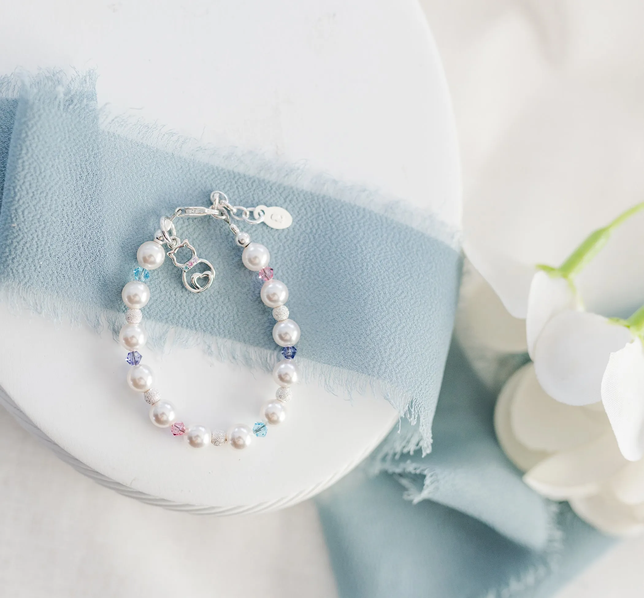 Sterling Silver Bracelet with Cat Charm, Pearls, and Rainbow Crystals for Girls, Toddlers and Kids