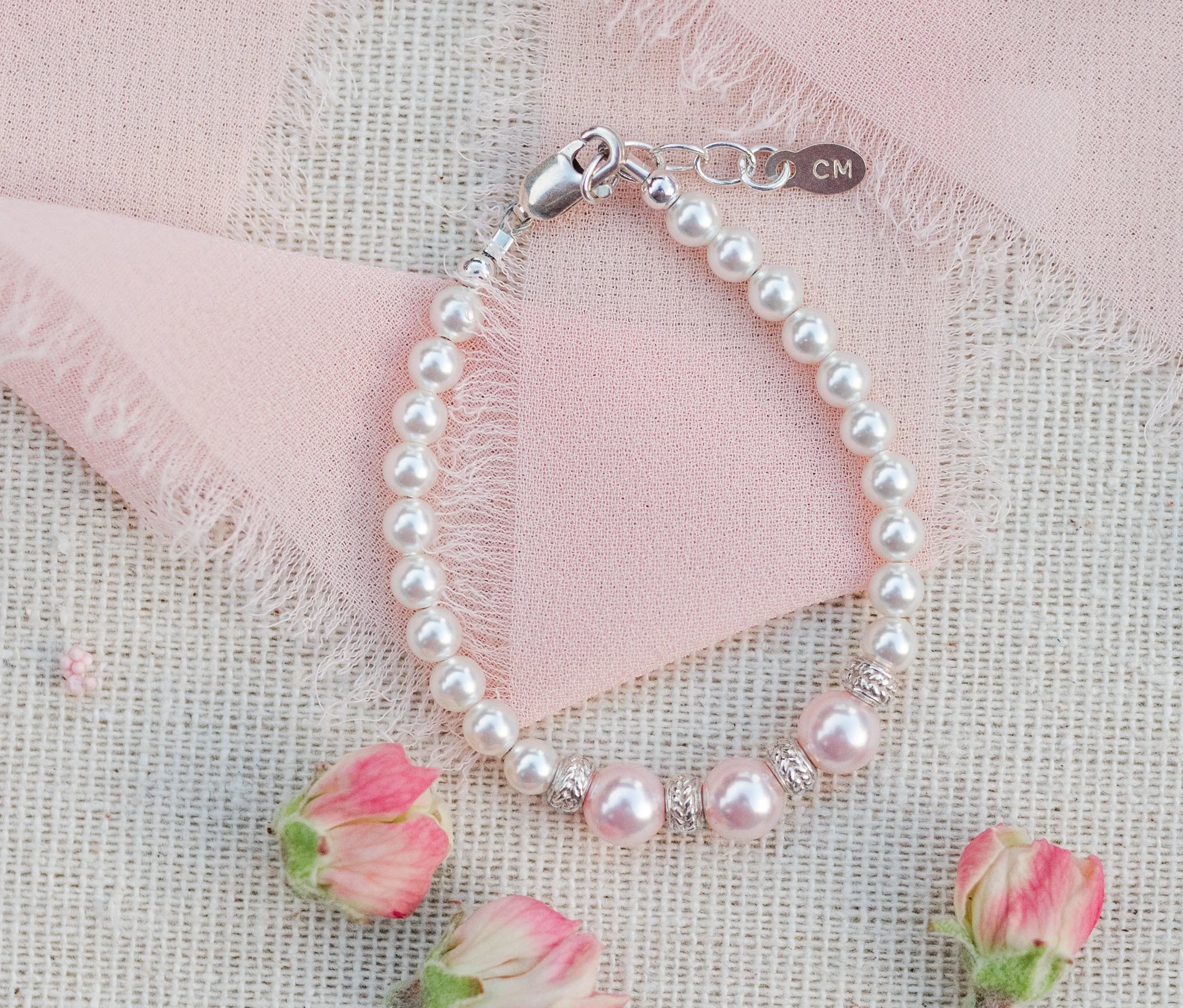 Sterling Silver Bracelet with White and Pink Simulated Pearls