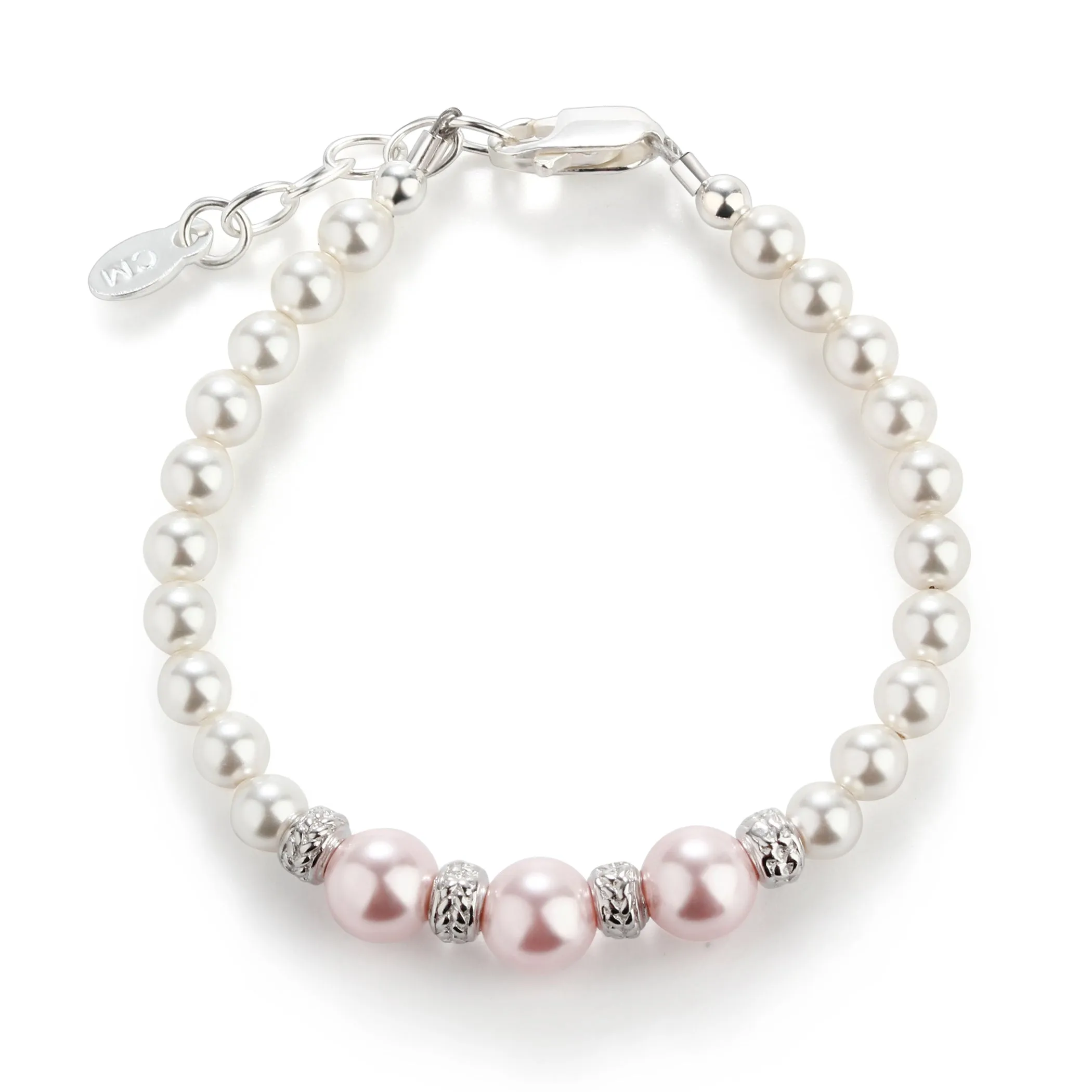 Sterling Silver Bracelet with White and Pink Simulated Pearls